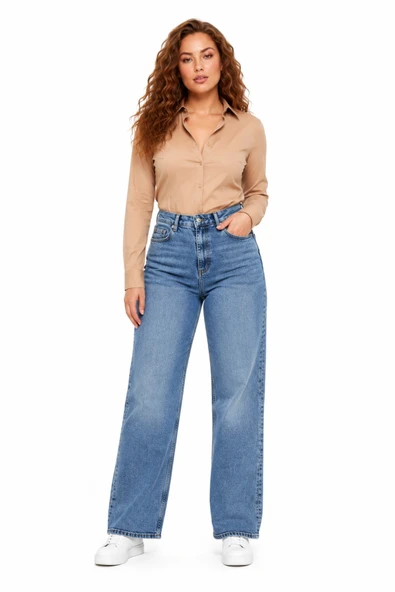 Kadın Yüksek Bel Wide Leg Denim Bol Pantolon BGL-ST05449 ürün görseli 1