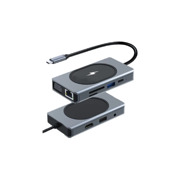 Winex 9in1 USB Type-C Hub Port Adaptör 4K HDMI USB Ethernet PD Girişli 15W Kablosuz Şarj ürün görseli 1