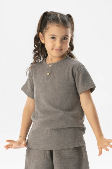 Kısa Kol Batı Yazlık Müslin Kız Çocuk Tshirt Gri Gri ürün görseli 1