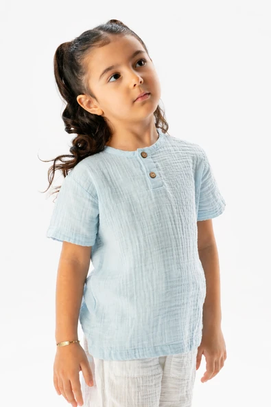 Kısa Kol Batı Yazlık Müslin Kız Çocuk Tshirt Buz Mavi Bmv ürün görseli 1