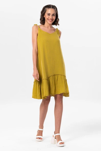 Askılı Serra Volanlı Kısa Yazlık Müslin Elbise Yağ Yeşili Ygysl ürün görseli 1