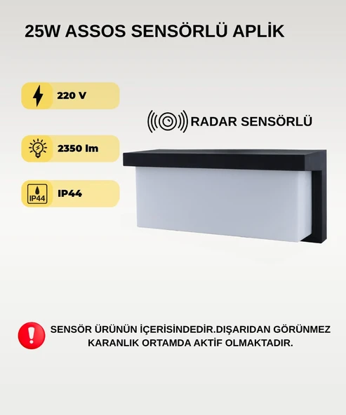 25W Assos Radar Sensörlü Aplik 3200K Sarı Işık Modern LED Duvar Aydınlatması ürün görseli 1