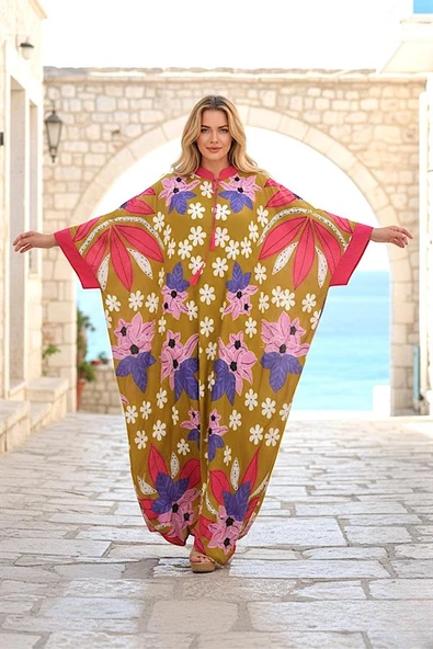 Hardal Rengi Çiçekli Sıfır Yaka Yarasa Kollu Oversize Uzun Elbise ürün görseli 1