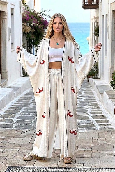 Bej Turuncu Nakışlı Keten Kimono Pantolon Takım ürün görseli 1