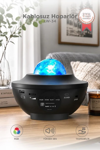 Starry Projektör Led Lazer Uzaktan Kumandalı Kablosuz Hoparlör Gece Lambası LW34 Siyah ürün görseli 1