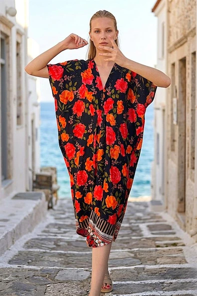 Kırmızı Çiçekli  V Yaka Tasarım Cepli Elbise ürün görseli 1
