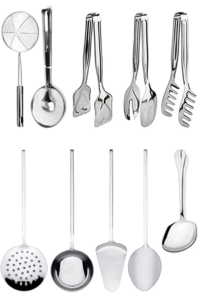 10 Parça Sunum Hazırlama Servis, Kevgir, Makarna Maşası, Pasta Maşası, Salata Maşası Mutfak Seti ürün görseli 1