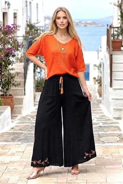 Siyah Nakışlı Pantolon Etek - Resim 3