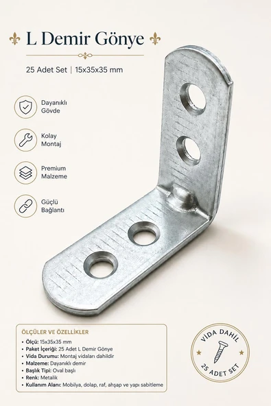(25 Adet) Oval Başlı L Demir Gönye 15x35x35 mm Metal Köşe Bağlantı Parçası Mobilya Montaj Aparatı ürün görseli 1