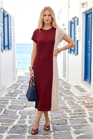 Bordo Ekru Lacivert Modal Midi Elbise - Resim 2
