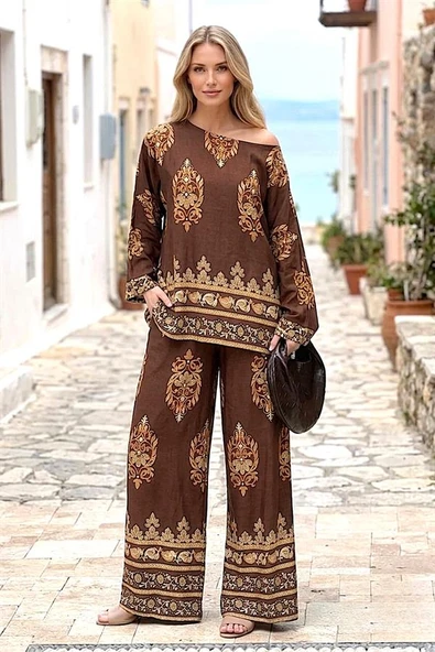 Kahverengi Otantik Desenli Pantolon Bluz Takım ürün görseli 1