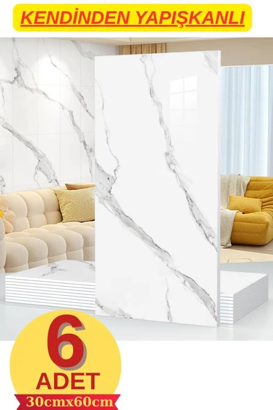 Shiny Yapışkanlı Mermer Desen 30x60cm 6 Adet Duvar Döşeme Paneli Ev Ofis Karavan Kaplama ürün görseli 1
