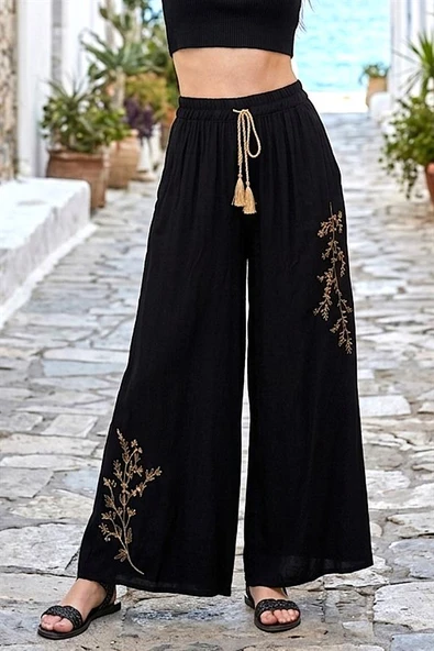 Siyah Çiçek Nakışlı Pantolon Etek - Resim 2