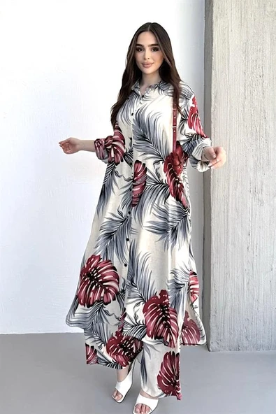 Bordo Desenli Cepli Beli Lastikli Gömlek Pantolon Kaftan Takım ürün görseli 1