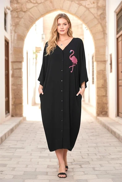 Siyah V Yaka Önü Ve Sırtı Flamingo Nakışlı Cepli Oversize Uzun Gömlek Elbise ürün görseli 1