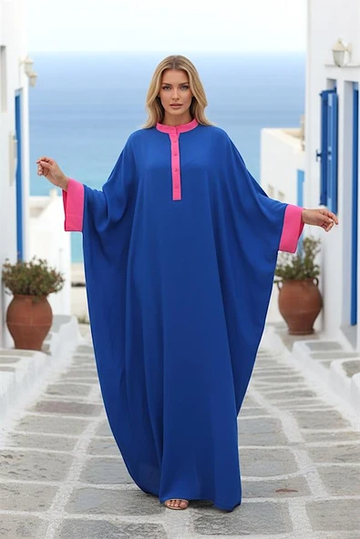 Saks Mavi Sırtı Otantik Nakışlı Yarasa Kol Oversize Uzun Elbise ürün görseli 1