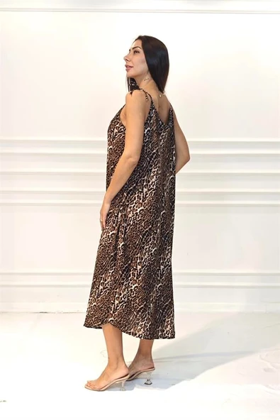 Leopar Desenli Askılı Uzun Elbise - Resim 5