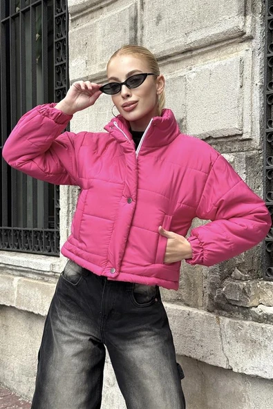 Pembe Dik Yaka Çıtçıtlı Fermuarlı Kısa Şişme Mont ürün görseli 1