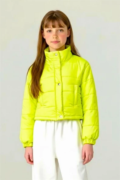 Kız Çocuk Neon Yeşil Çıtçıtlı Fermuarlı Şişme Mont ürün görseli 1