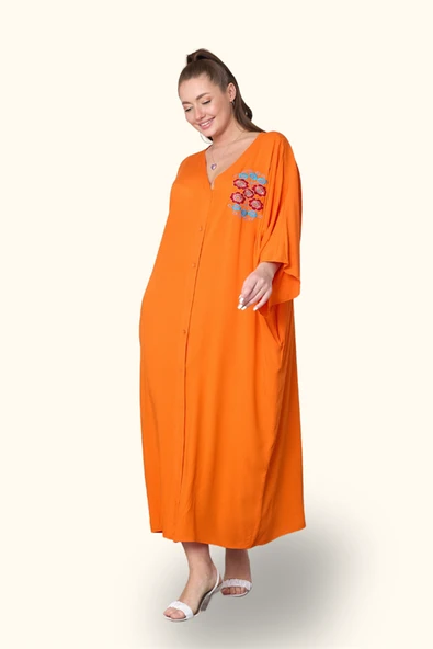 Turuncu V Yaka Sırtı Ve Göğsü Çiçek Nakışlı Cepli Oversize Uzun Gömlek Elbise ürün görseli 1