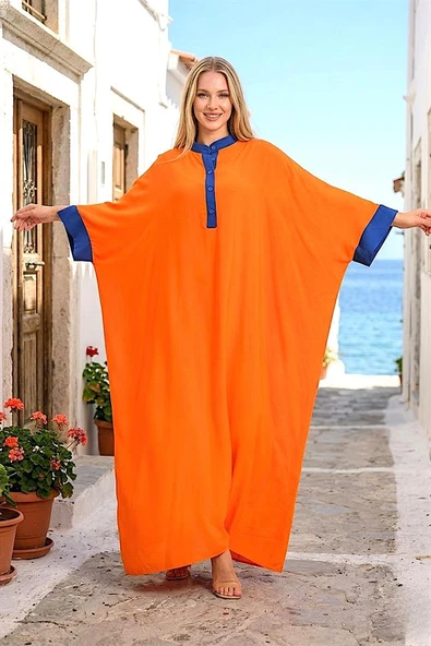 Turuncu Sırtı Otantik Nakışlı Yarasa Kol Oversize Uzun Elbise ürün görseli 1