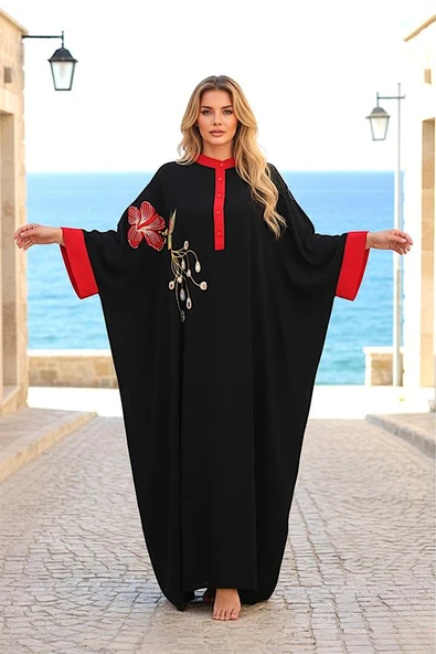 Siyah Kuş Çiçek Nakışlı Yarasa Kol Oversize Uzun Elbise ürün görseli 1