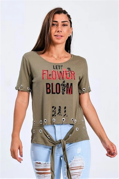 Yeşil Kuş Gözü Detaylı Önden Bağlamalı Yazılı Taşlı T-Shirt ürün görseli 1