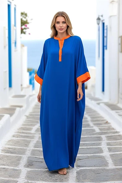Saks Mavi Sırtı Palmiye Nakışlı Yarasa Kol Oversize Uzun Elbise ürün görseli 1