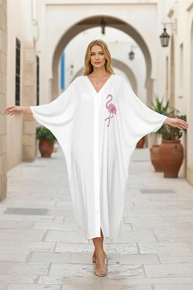 Beyaz V Yaka Önü Ve Sırtı Flamingo Nakışlı Cepli Oversize Uzun Gömlek Elbise ürün görseli 1