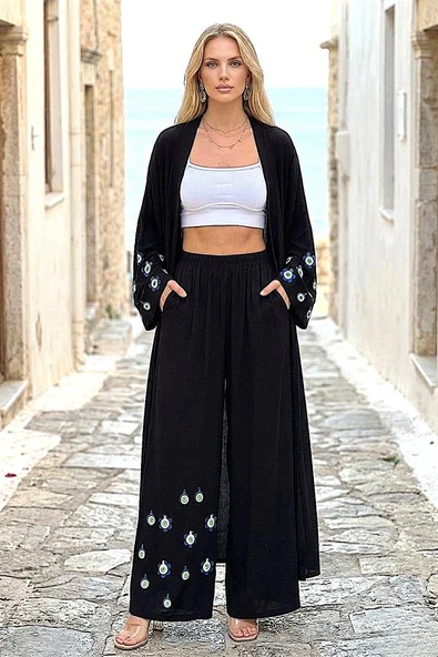 Siyah Mavi Boncuk Kimono Pantolon Takım ürün görseli 1