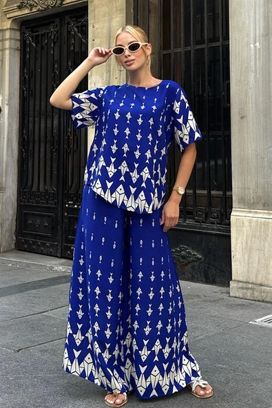 Saks Mavi Balık Desenli Kayık Yaka Beli Lastikli Cepli Bol Paça İkili Takım ürün görseli 1