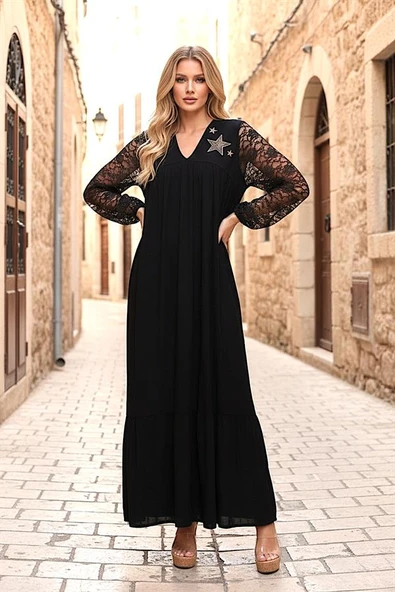 Siyah V Yaka Kolları Dantel Yakası Aplike Nakışlı Uzun Elbise ürün görseli 1