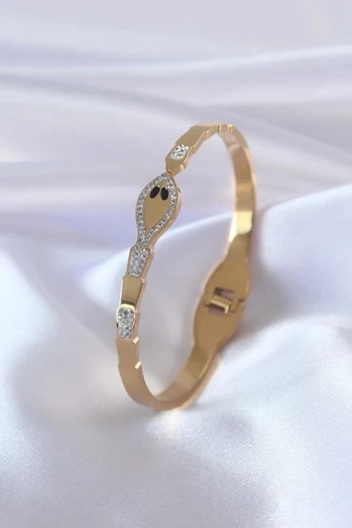 316L Çelik Gold Renk Yılan Model Zirkon Taş Detay Kadın Kelepçe ürün görseli 1