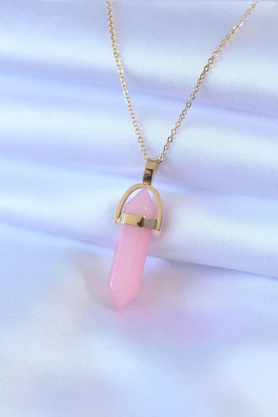 316L Çelik Gold Renk Kristal Pembe Taş Model Kadın kolye ürün görseli 1