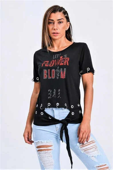 Siyah Kuş Gözü Detaylı Önden Bağlamalı Yazılı Taşlı T-Shirt ürün görseli 1
