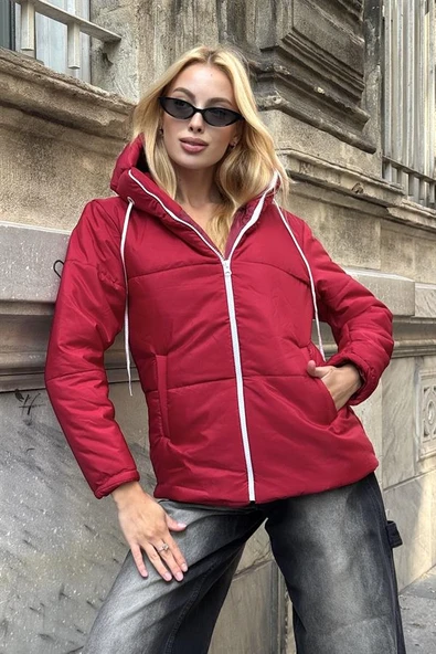 Bordo Su Geçirmez Kapüşonlu Şişme Mont ürün görseli 1