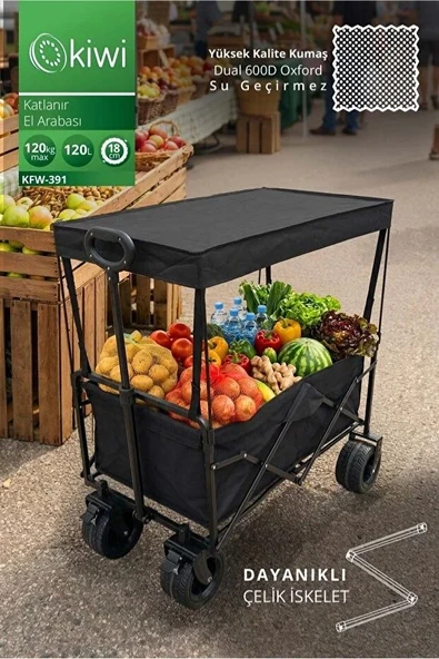 KFW-391 Premium Katlanır El Arabası | Su Geçirmez Kumaş & 18 cm - 360 Teker & Frenli & Tente Siyah ürün görseli 1
