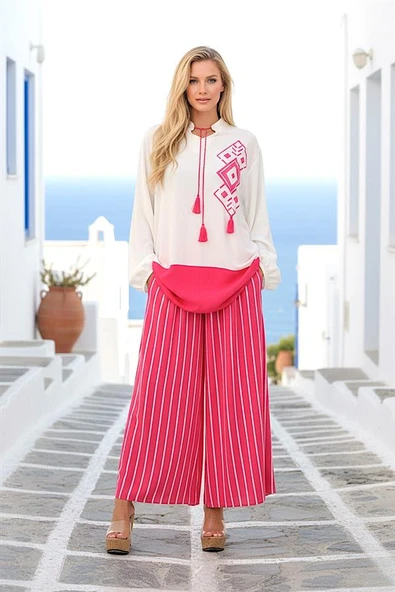 Pembe Desenli Püsküllü Pantolonu Çizgili Cepli Tunik Pantolon İkili Takım ürün görseli 1