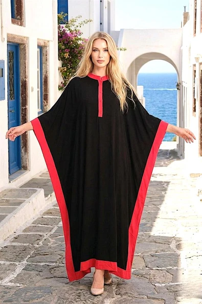 Siyah Kırmızı Garnili Sırtı Çiçek Nakışlı Püsküllü Yarasa Kol Yırtmaçlı Oversize Uzun Elbise ürün görseli 1