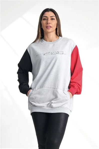 Gri Kolları Garnili Kanguru Cepli Sweatshirt ürün görseli 1