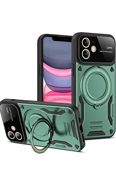 Newface Apple iPhone 11 Kılıf Joy Lens Standlı Kapak - Koyu Yeşil ürün görseli 1