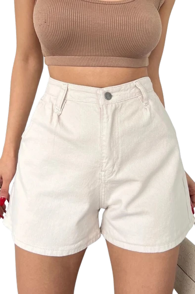 Mini Denim Şort cepli  -KREM ürün görseli 1