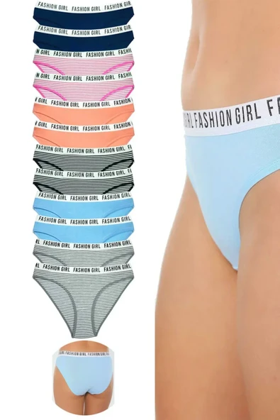 12 Adet Beli Yazılı Lastik Pamuk Kadın Külot ürün görseli 1