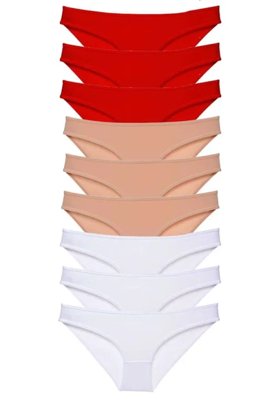 9 adet Süper Eko Set Likralı Kadın Slip Külot Kırmızı Ten Beyaz ürün görseli 1