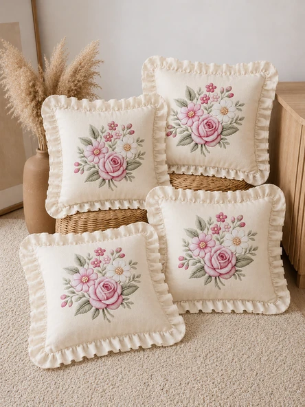 4'lü Fırfırlı Çiçek Desenli Dekoratif Kırlent Kılıfı %100 Pamuk Organik Boya Baskılı 45x45 cm ürün görseli 1