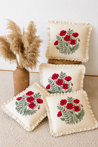 4'lü Fırfırlı Gelincik Desenli Dekoratif Kırlent Kılıfı %100 Pamuk Organik Boya Baskılı 45x45 cm ürün görseli 1
