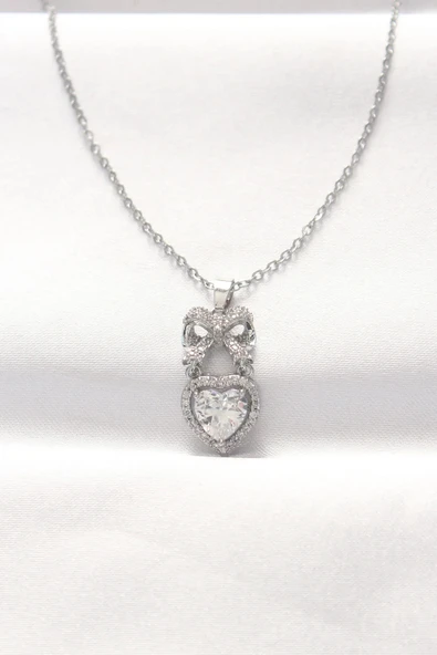 316L Çelik Silver Renk Zirkon Taşlı Kalpli Fiyonk Kolye ürün görseli 1