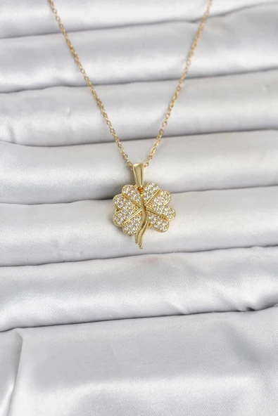 316L Çelik Gold Renk Açılabilir Yonca Model Zirkon Taşlı Kadın Kolye ürün görseli 1