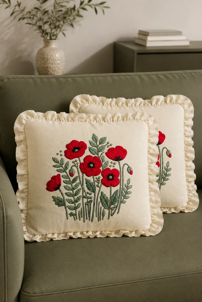 2'li Fırfırlı Gelincik Desenli Dekoratif Kırlent Kılıfı %100 Pamuk Organik Boya Baskılı 45x45 cm ürün görseli 1
