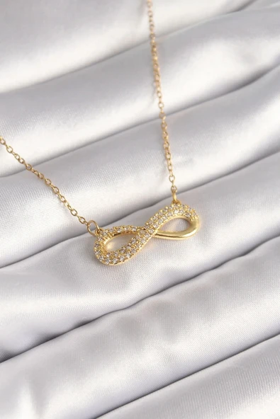 316L Çelik Gold Renk Zincir Zirkon Taşlı Sonsuzluk Model Kadın Kolye ürün görseli 1